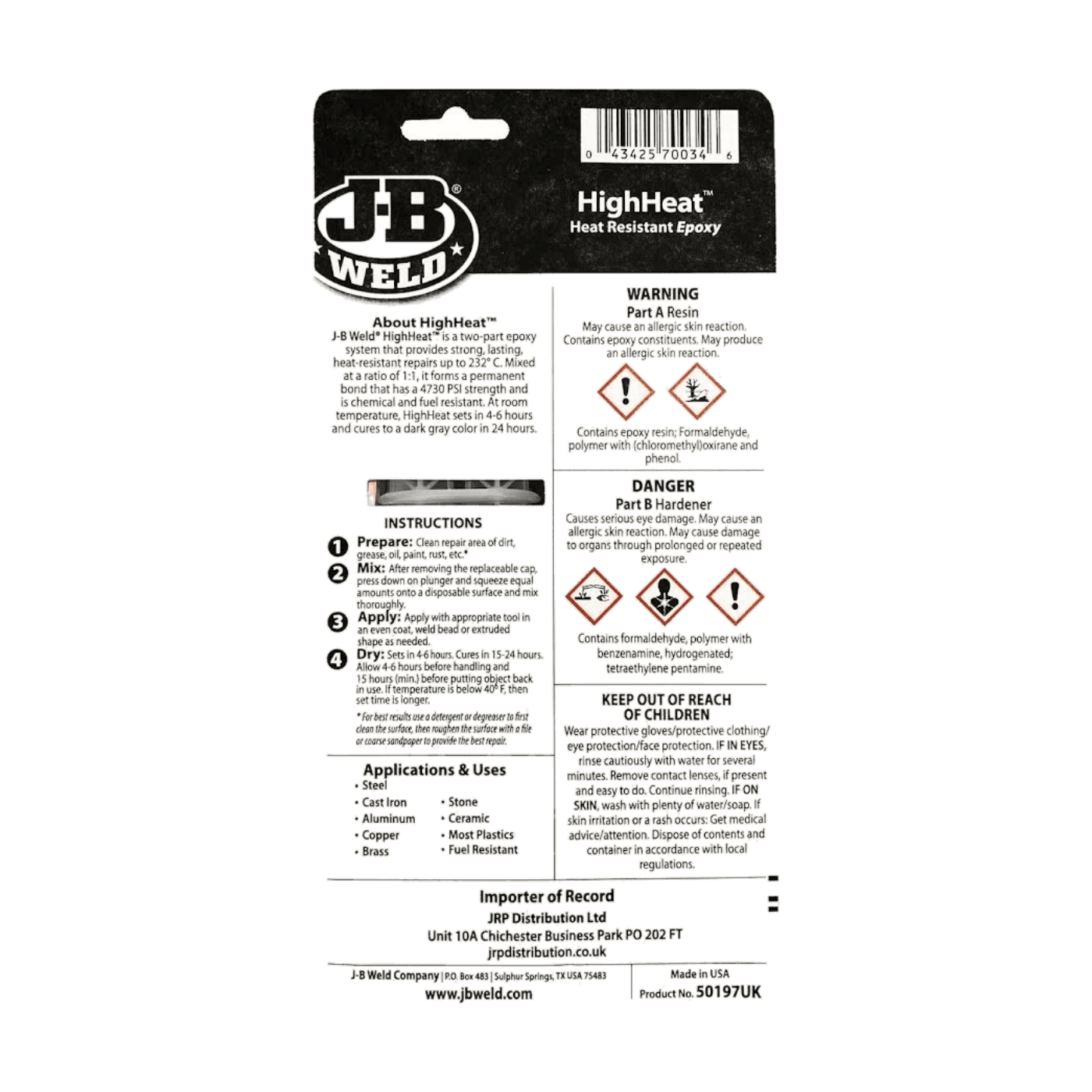Термостійкий епоксидний клей J-B Weld HighHeat 50197, 25 мл - J-B WELD - 50197 зображення 2